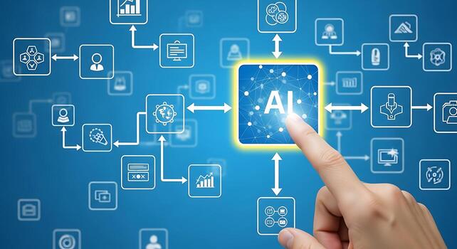 Human finger touches glowing ai symbol in a futuristic digital network interface displaying connections and data flow photo