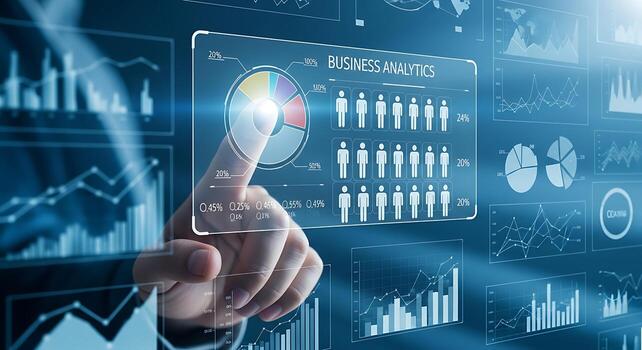 Futuristic hand interacting with data visualization screen displaying global network and financial analytics photo