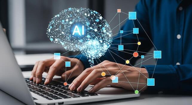Hands typing on laptop with glowing ai brain and data streams representing artificial intelligence innovation photo
