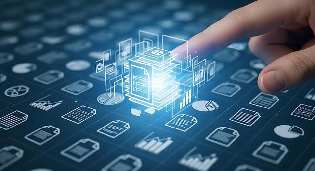 Finger touching glowing digital interface with interconnected data icons and futuristic technology concept photo