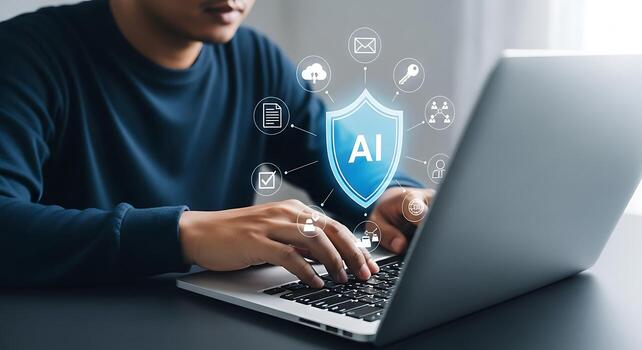 Person using a laptop with ai and cybersecurity shield graphic overlay concept for digital technology and data protection photo