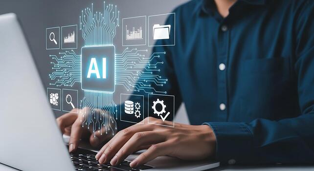 persona utilizando ordenador portátil con futurista ai tecnología interfaz y brillante circuito tablero patrones significando artificial inteligencia desarrollo foto