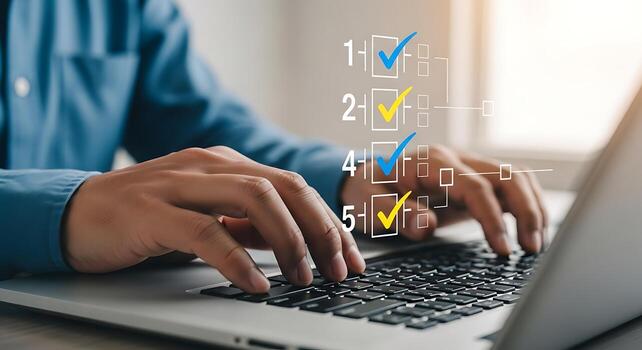 Close-up of person's hands typing on a laptop with digital data overlay representing technology and information flow photo