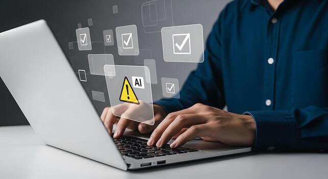 Business professional using laptop with digital interface displaying security warnings and checklist icons for cybersecurity and compliance photo