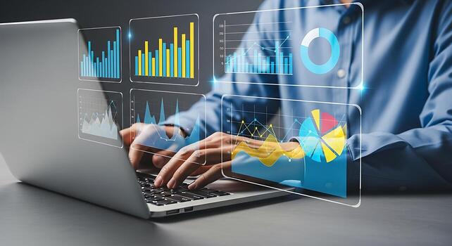 Business professional analyzing financial data charts and graphs on a laptop computer with digital overlay for modern technology concept photo