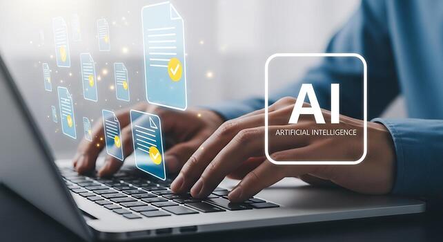 Person typing on a laptop with ai interface and digital data visualizations overlaying the screen representing technology advancement photo