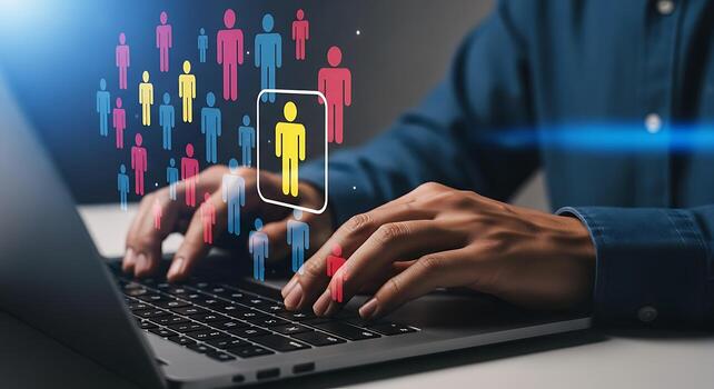 Human resources management digital technology analyzing employee data online with futuristic interface and laptop keyboard close-up photo