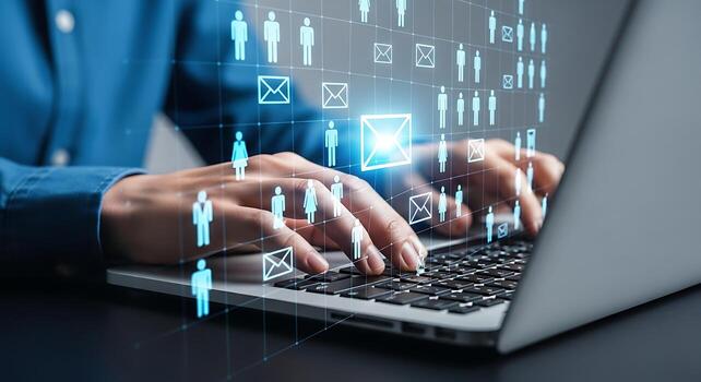 Business professional typing on laptop with digital network and data flow overlay representing global connectivity and information technology photo