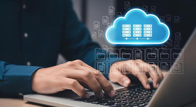 Modern cloud computing concept with person typing on laptop and digital data streams flowing around a glowing cloud icon representing storage and network photo