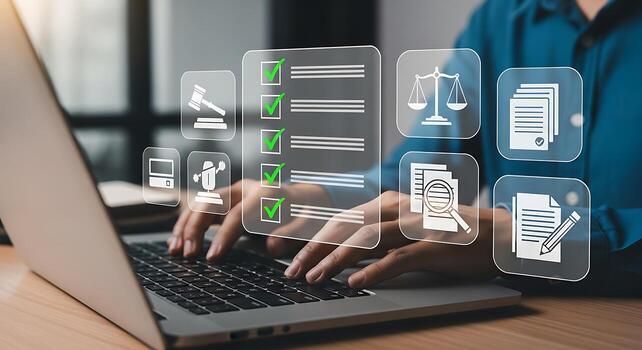 Modern digital workflow person typing on laptop with futuristic data interface showing information and task management photo
