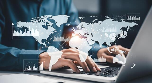 Global business connectivity through technology and data analysis on a laptop computer with world map overlay photo
