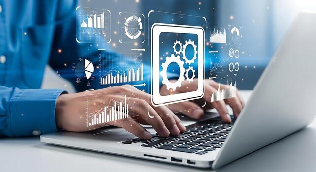 Modern digital technology and innovation person using laptop with futuristic interface and data analysis overlays for business growth photo