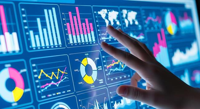 Hand interacting with futuristic digital display showing complex data analytics and financial charts glowing blue photo