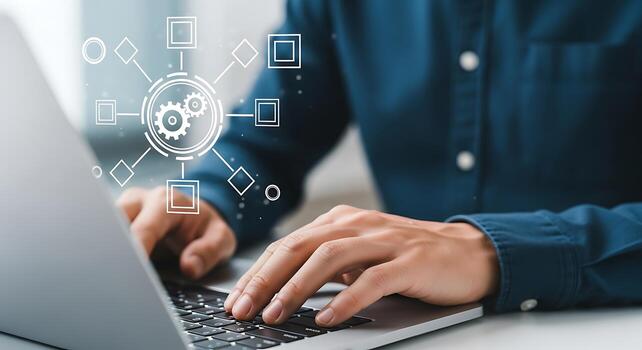 Hands typing on a laptop keyboard with glowing digital network connections and data flow overlay technology concept photo