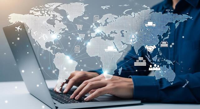 Global business digital connection person typing on laptop with overlay of world map and network data abstract concept photo