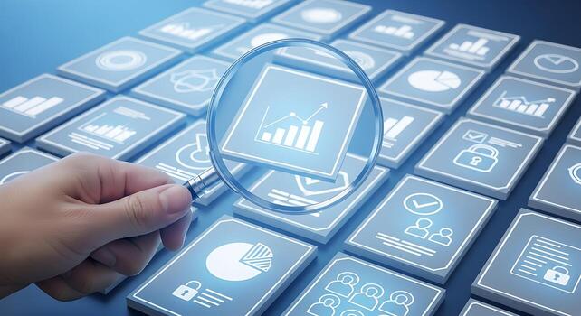 Magnifying glass examining digital icons and data graph on futuristic illuminated grid technology concept photo