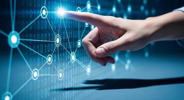 Futuristic digital network connection hand touching glowing node technology abstract blue sci-fi data flow photo
