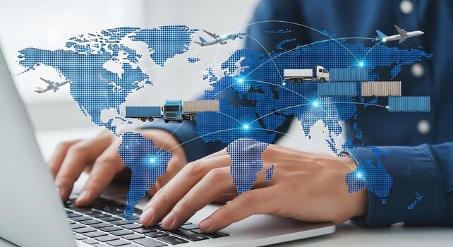 Global technology and business network concept with person typing on laptop digital connections and data flow photo