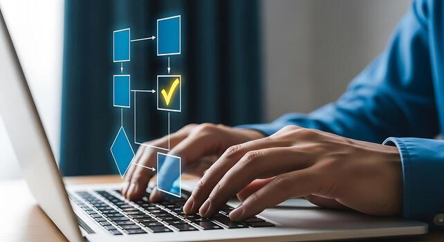 Hands typing on laptop keyboard with digital flowchart graphic overlaid showing data flow and progress photo