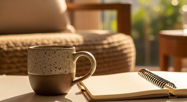 Cozy coffee break with open notebook and pen on a table with soft furniture background photo