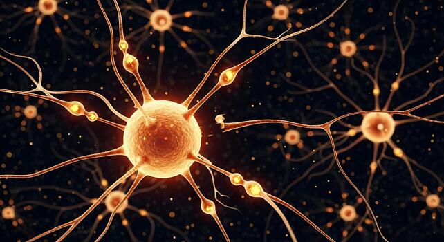 Abstract 3d rendering of glowing neurons and neural networks in vibrant orange and yellow photo