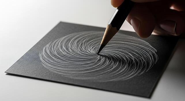 Close-up view of a hand using a pencil to draw a swirling abstract pattern on a dark surface with light focused on the drawing photo