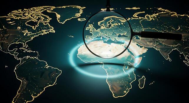 Global network connection digital world map with aurora borealis and magnifying glass effect photo