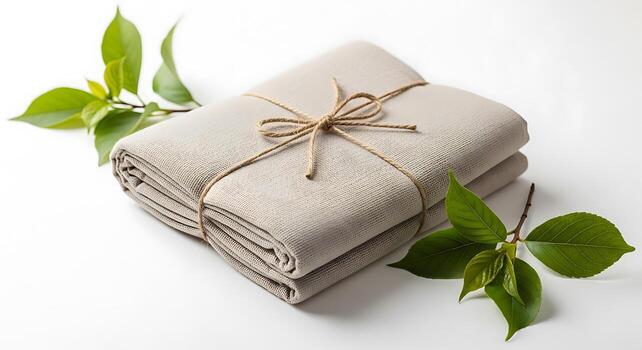 Neatly folded fabric bundle tied with twine adorned with fresh green leaves and subtle texture photo