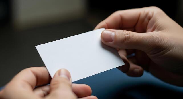 Close-up of hands exchanging a blank business card for networking or introduction photo