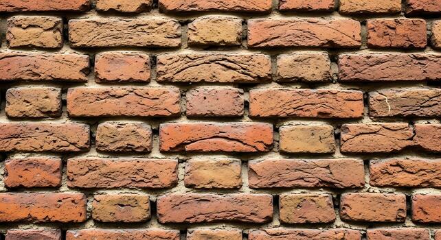 Close-up view of a weathered red brick wall showing textured details and grout lines creating a rustic backdrop photo