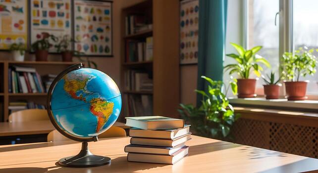 Classroom globe books stacked books sunlight through window and bookshelf learning environment photo