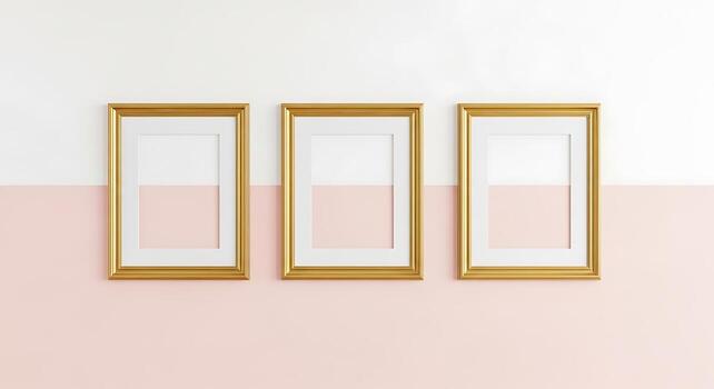 Three empty golden framed rectangles arranged horizontally on a neutral backdrop creating a sense of space photo