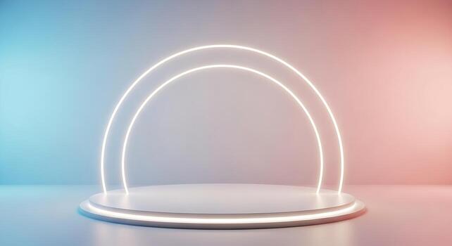Futuristic neon archway display stand with soft gradient background glowing light. photo