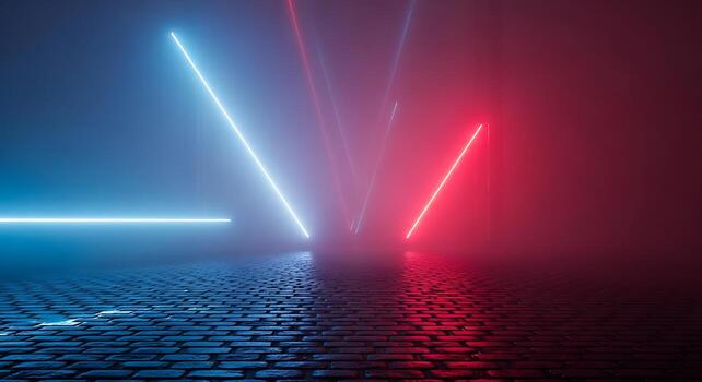 Neon light show abstract background with blue and red rays reflecting on wet surface photo