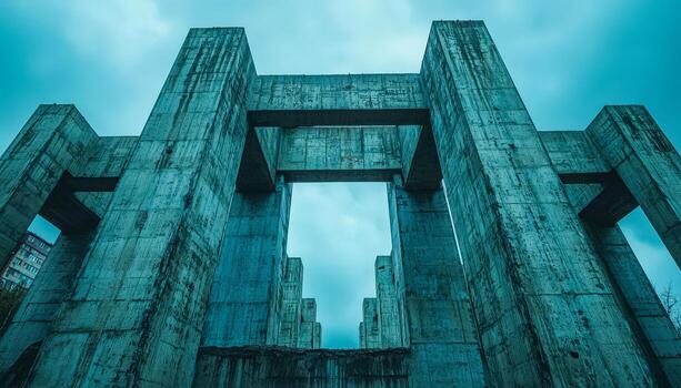 Massive concrete structure with geometric design and multiple rectangular openings beneath a cloudy sky photo