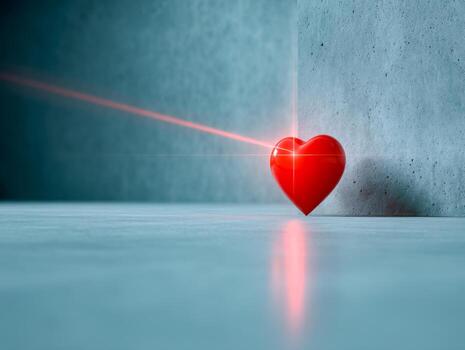Heart-shaped object with laser beam effect in a minimalistic setting photo