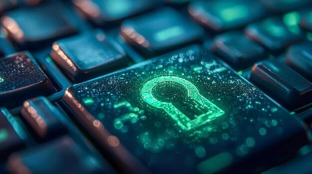 Close-up of a computer keyboard with a digital glowing padlock icon, representing cybersecurity or data protection photo