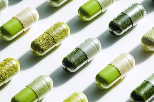 Assorted green supplement capsules arranged in a pattern with shadows on a white background photo