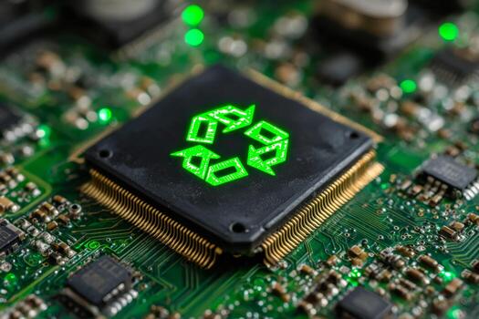 Close-up of a microchip with a recycling symbol illuminated on a circuit board photo