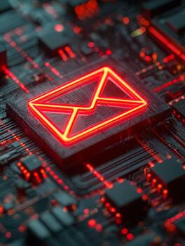 Futuristic digital concept of an encrypted messaging platform with glowing neon email icon on a high-tech circuit board photo