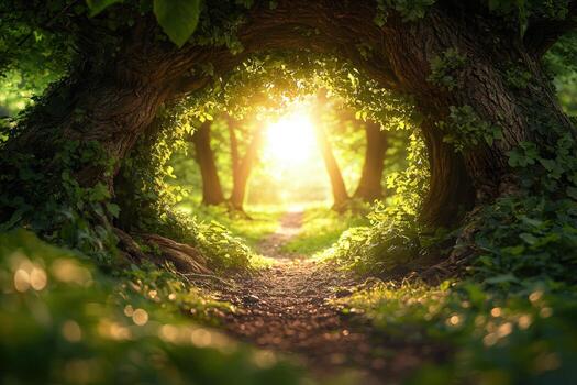 Enchanting sunlit forest path through a natural arch formed by trees photo
