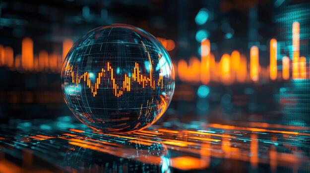Futuristic digital data analysis with a reflective glass sphere and glowing stock charts photo