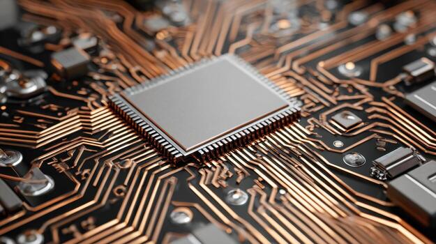 Close-up of a modern computer microprocessor mounted on a circuit board with intricate copper traces photo