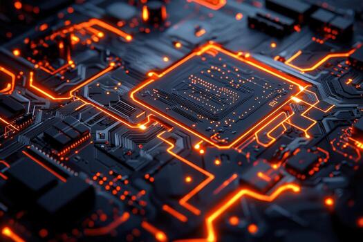 Futuristic computer motherboard with glowing orange circuit lines and microchips photo