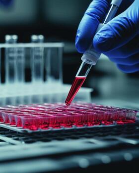Scientist using pipette to process blood sample in laboratory testing photo