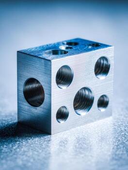 Precision-machined metal block with circular and threaded holes on a textured surface photo