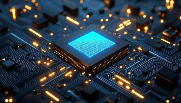 Close-up of a microprocessor on a circuit board with glowing lights and electronic components photo