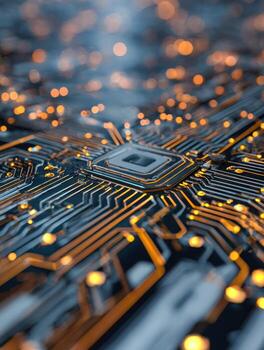 Close-up of a futuristic microchip with glowing circuitry and abstract bokeh background photo