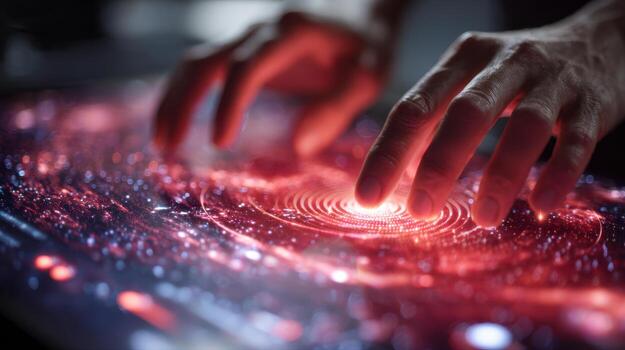 Hands interacting with a futuristic digital interface displaying vibrant red and pink data patterns photo
