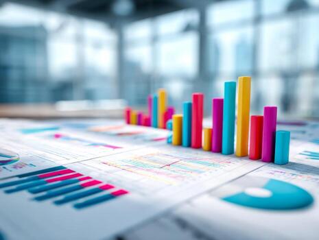 Colorful 3d bar chart displaying data analysis on spreadsheets in a modern office setting photo